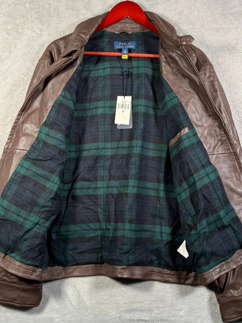Polo Ralph Lauren Leather Jacket Mens M Brown Full Zip Plaid Lined Core Replen
